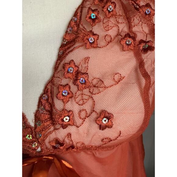 Daisy Fuentes Sheer Floral Embroidered Lingerie Top Orange Sequins Size L Large - Picture 3 of 8